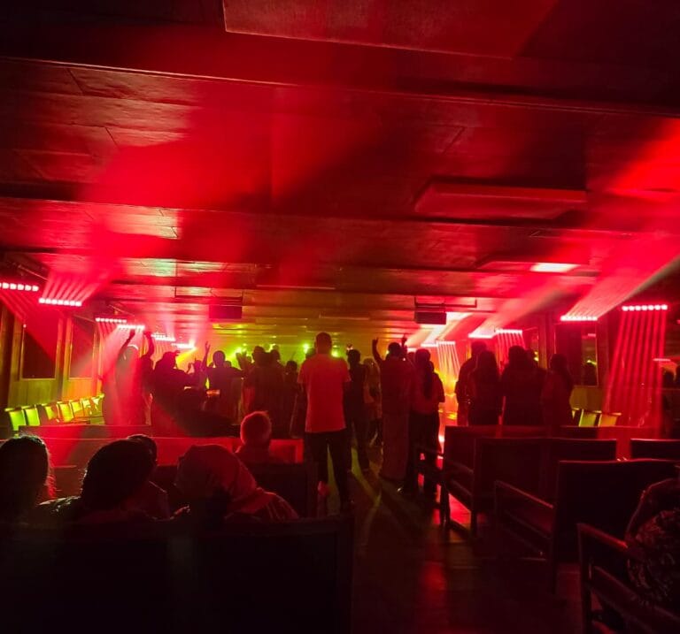 Nightlife scene in Kochi with colorful lights